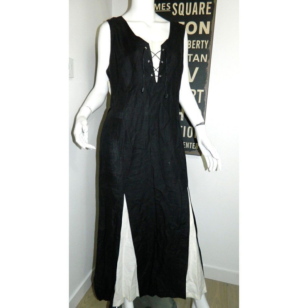 MOTYS Paris Dress Maxi Black Linen Flax Ivory Kick Pleats Lagenlook Size Large
